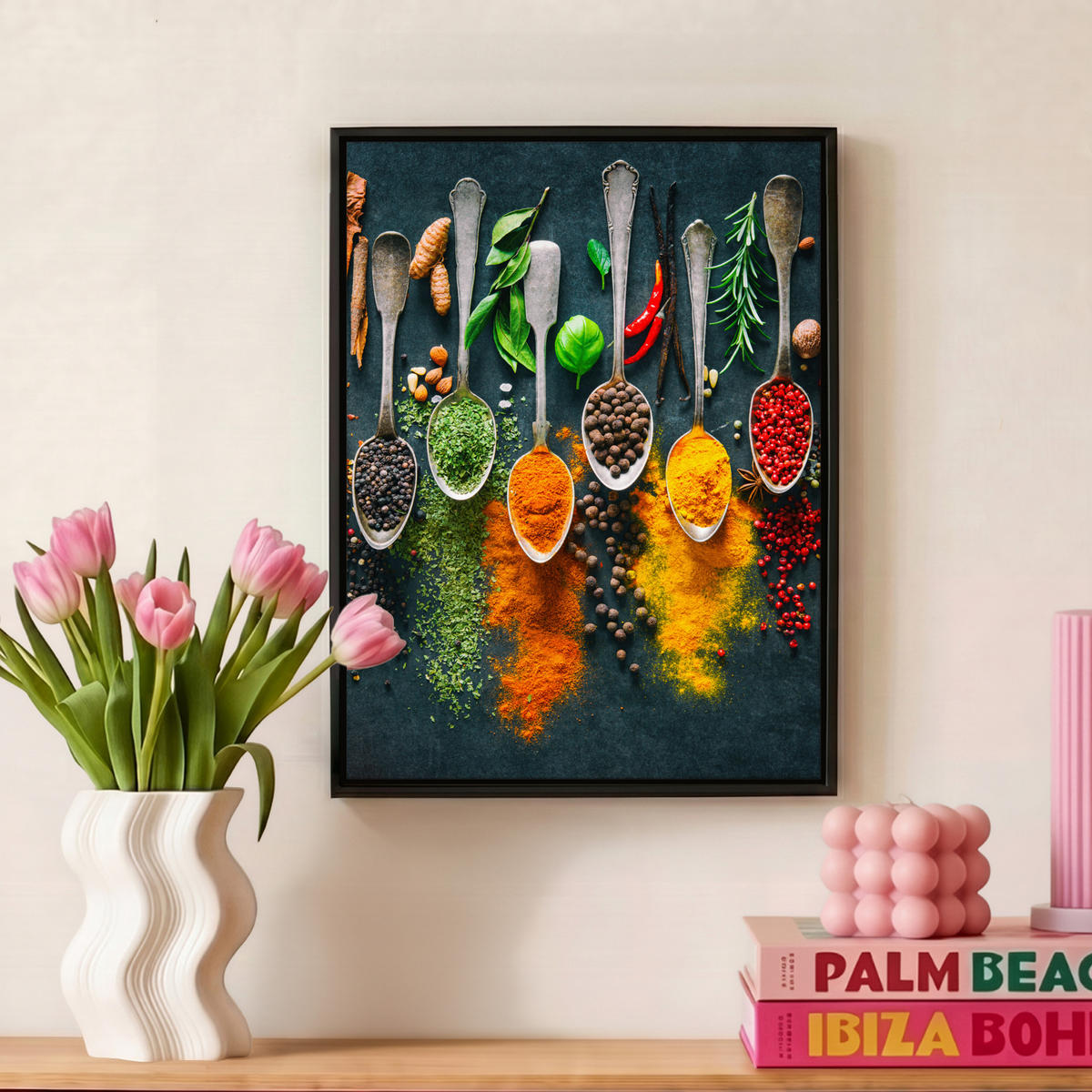 LEINWAND Bilder mit Rahmen - Kräuter - Gewürze - Löffel - 30x40 - Currygelb, Textil (30/40cm) - MuchoWow