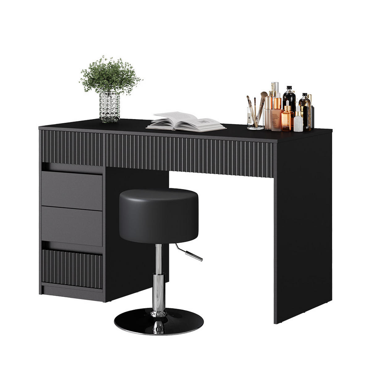 SCHMINKTISCH Omira Schwarz 120 cm mit Hocker - Schwarz, Holzwerkstoff (120/76/55cm) - Vicco