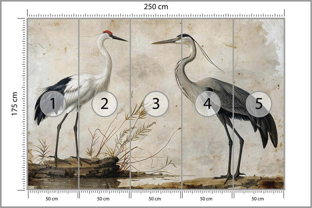 FOTOTAPETE Vögel Vögel Kranich Reiher Retro Stil 250x175 - Beige/Rot, Papier (250/175cm) - Muralo