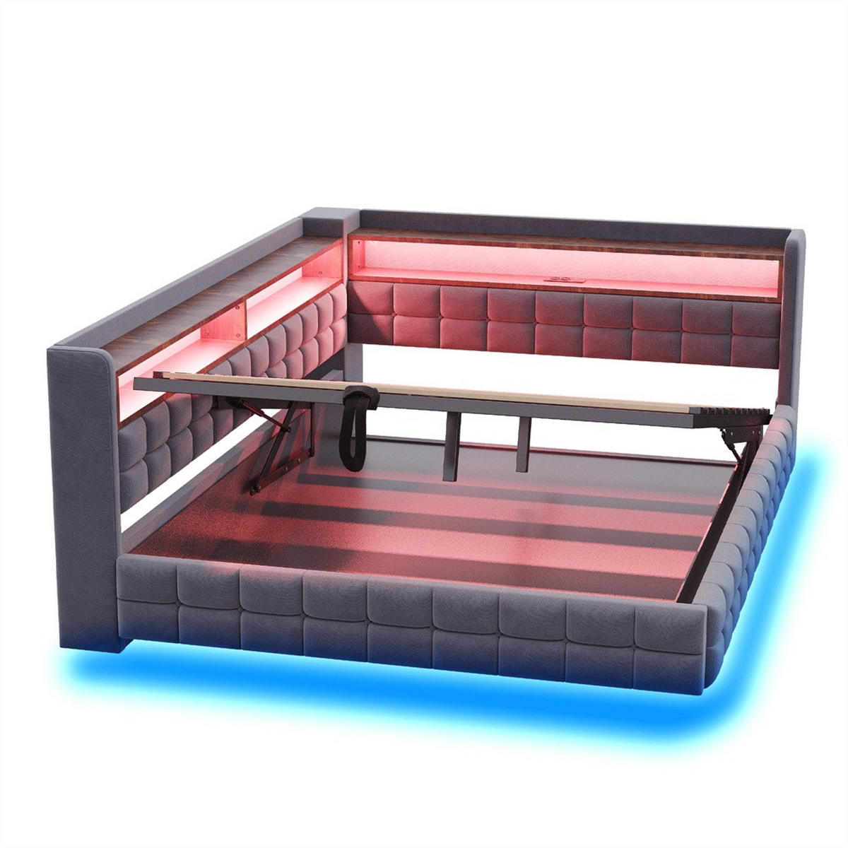POLSTERBETT 140x200 cm mit hydraulischem Stauraum und Regal - LED Beleuchtung - USB & Typ-C - Grau - ohne Matratze - Grau, Textil (140/200cm) - DELFA