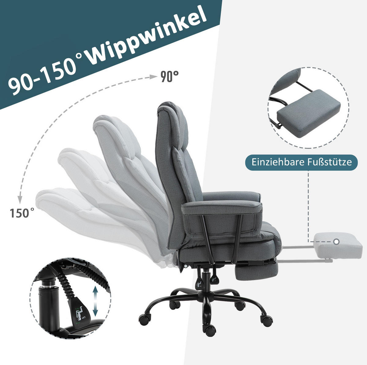 DREHSTUHL 68/80/120–126 cm grau aus Stahl mit Kunstleder und 150° Liegefunktion - Grau, Metall (80/126/68cm) - OKWISH