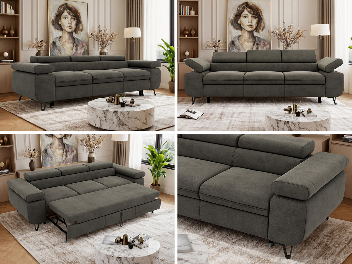 TŘÍMÍSTNÁ POHOVKA PETER 3 s rozkládací funkcí - Tmavě šedá Samet - černá/tmavě šedá, kov/textil (262/76/99cm) - MKS