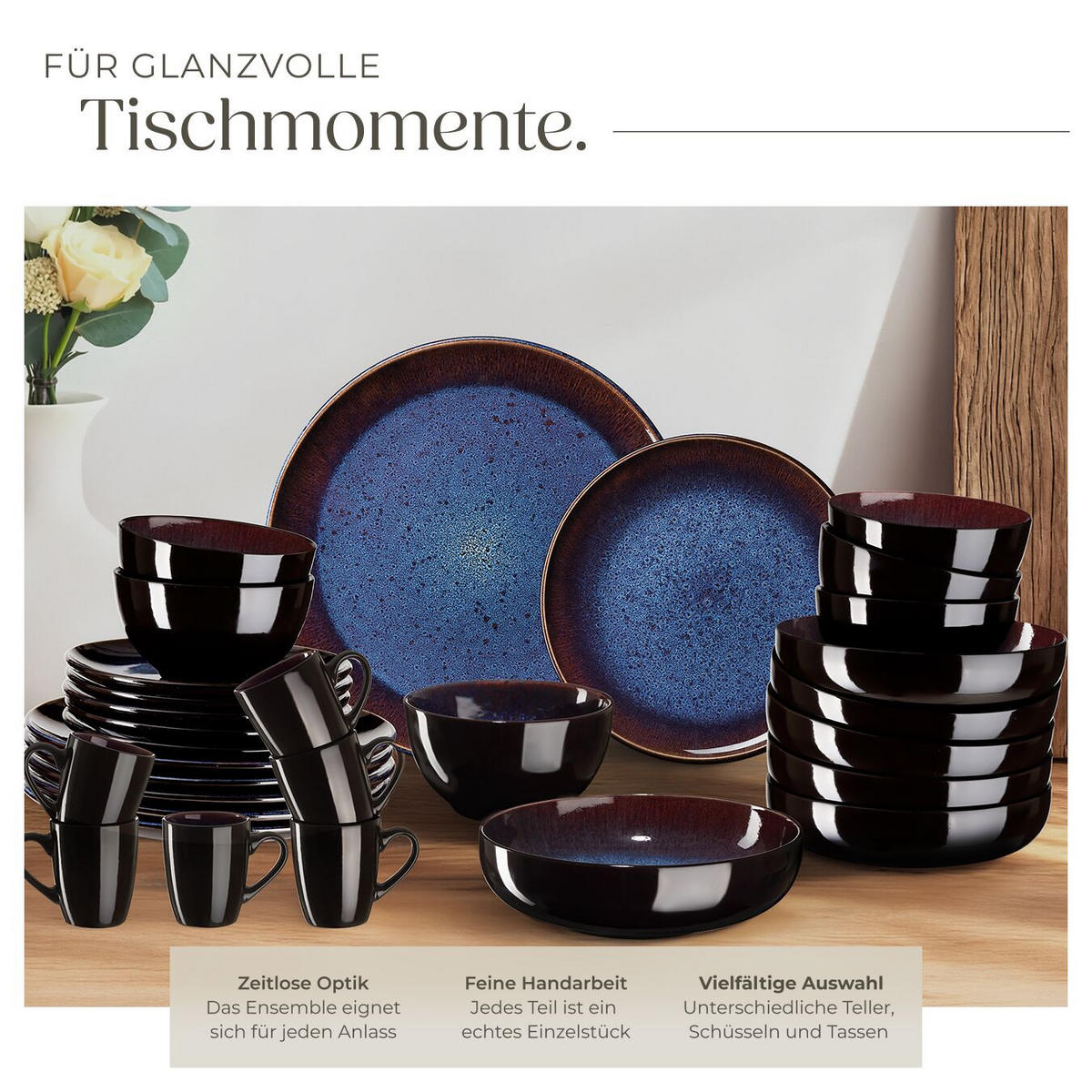 KOMBISERVICE Mare, ineinander stapelbar, blau/braun - Blau, Keramik (26.5/2.5/26.5cm) - tectake