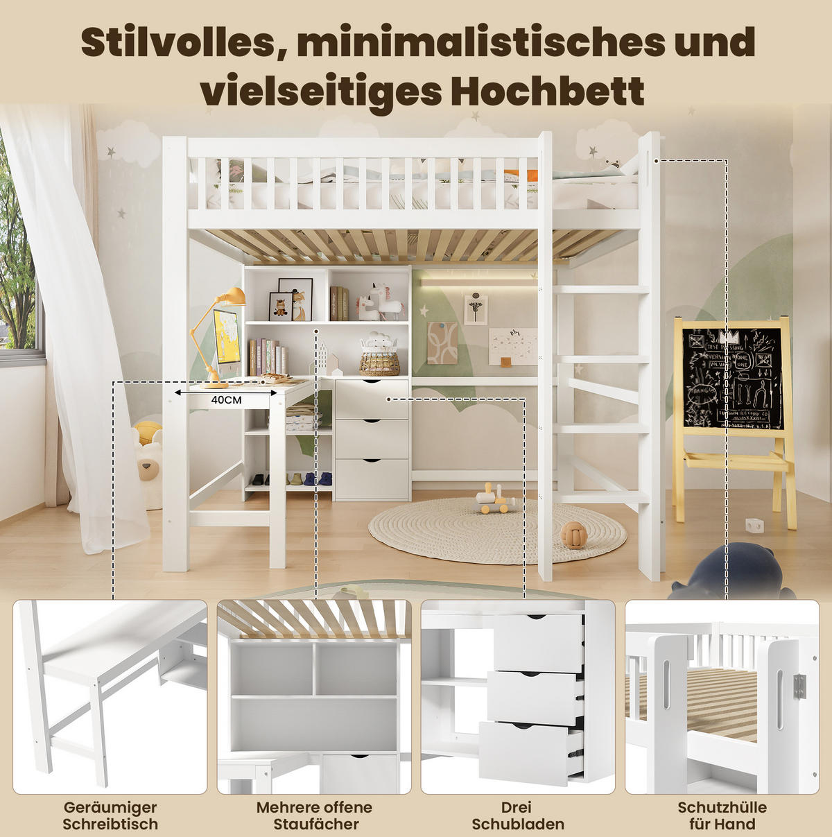 HOCHBETT 140/200 cm Weiß aus Kiefernholz mit Schreibtisch - Weiß, Holz (140/200cm) - OKMYHOME