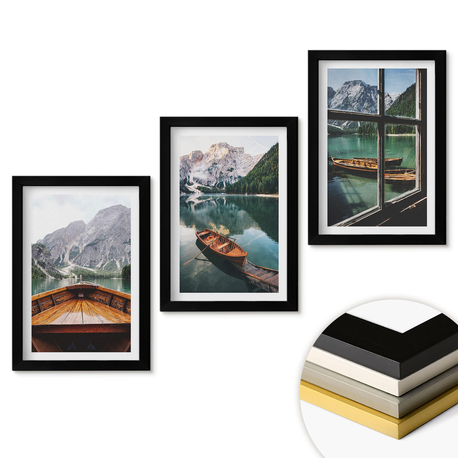 WANDBILDER 3er-Set - 20x30 cm Schwarzer Rahmen - Fenster für Boote auf dem Bergsee - Schwarz, Kunststoff (20/30cm) - ArtPrintCave