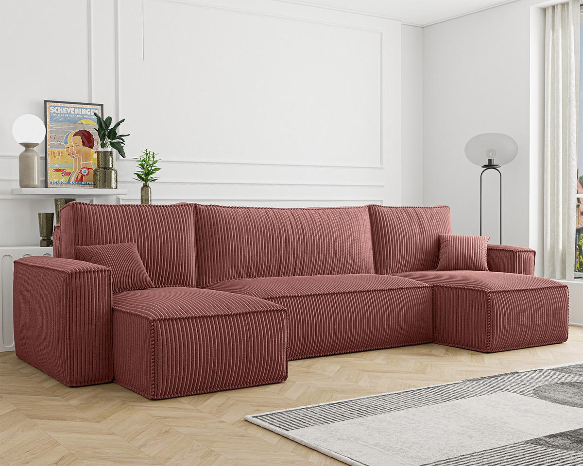 WOHNLANDSCHAFT Scarlo Dunkelrosa Cordbezug - Dunkelrosa/Schwarz, Kunststoff/Textil (244/83/145cm) - Selsey