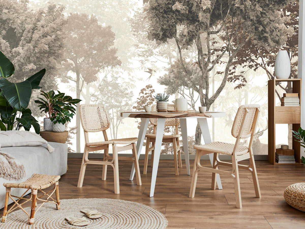 FOTOTAPETE für Esszimmer Vintage Wald Bäume Hirsche 500x350 - Gelb/Beige, Papier (500/350cm) - Muralo