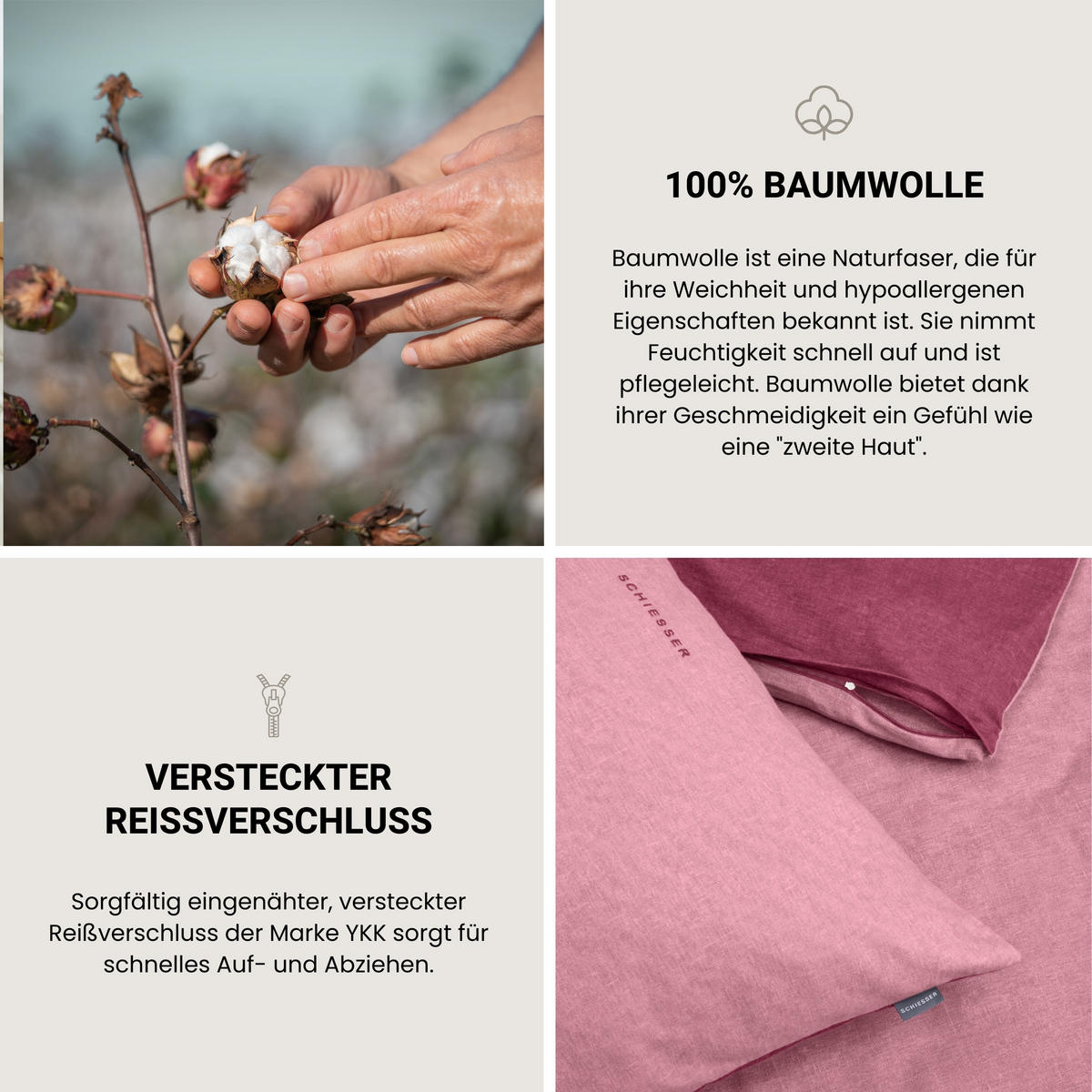 BETTWÄSCHESET Doubleface - Feinbiber - 2-teilig - 155 x 220 cm - Rosa - Rosa, Textil (155/220cm) - SCHIESSER