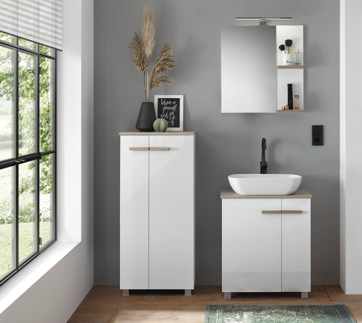 BAD-KOMMODE weiß Lack Hochglanz, Eiche, Midischrank hängend, stehend 51 x 110 cm - Weiß Hochglanz/Eichefarben, Holzwerkstoff/Kunststoff (51/115/30cm) - Furn.Design