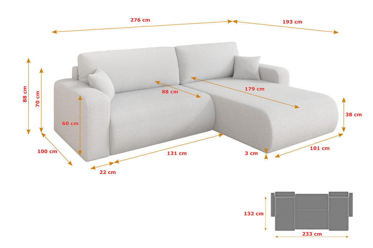 ROHOVÁ SEDAČKA s funkcí spaní, otoman vpravo BERY-L 276x193x88 bílá bouclé - bílá/černá, kompozitní dřevo/textil (276/193cm) - ALTDECOR