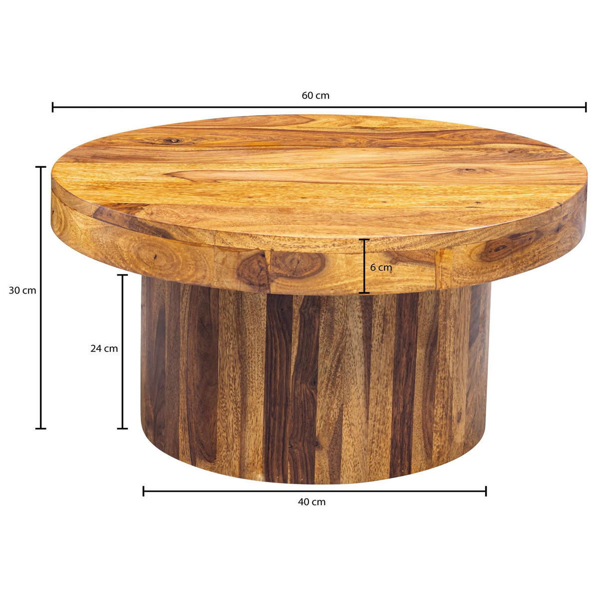 COUCHTISCH aus Massivholz Sheesham in Braun, Lackiert, mit robustem Sockelfuß, Maße 60x60x30 cm - Braun, Holz (60/60/30cm) - KADIMA DESIGN