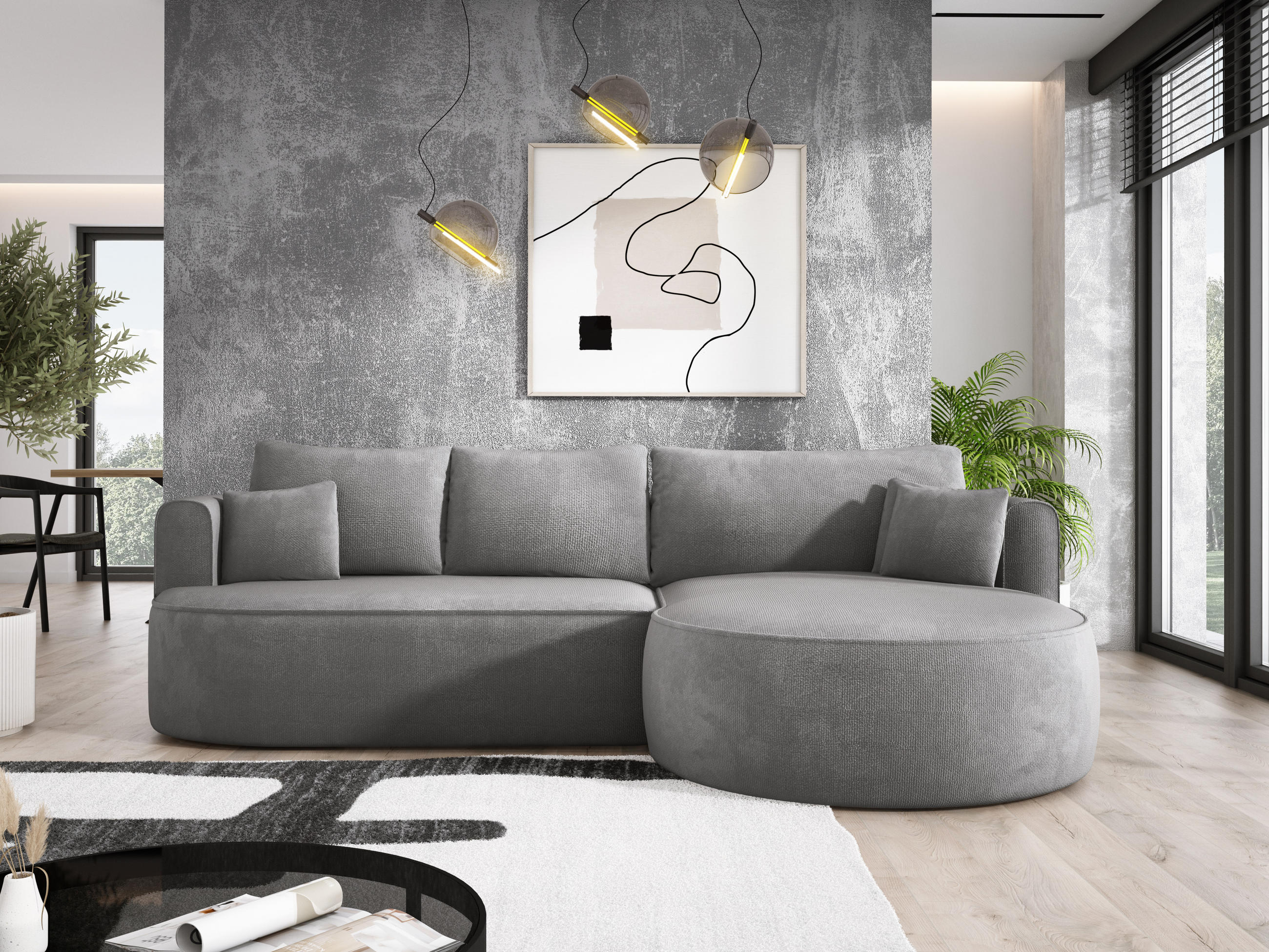 ECKSOFA FIORE-L Moderne Ausziehbare Schlaf-Funktion, automatischer Auffaltung, lose Rückenkissen freistehend RECHTS 284x183x82 cm cm Silver - Silberfarben, Holz/Textil (284/183cm) - DomoHome