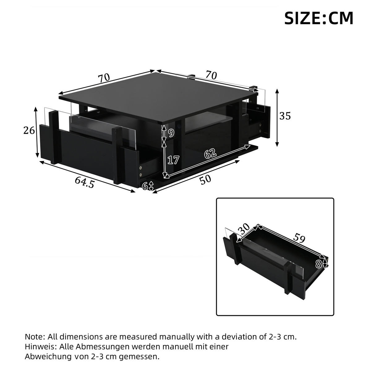 COUCHTISCH 70/70/35 cm Schwarz aus Holzwerkstoff mit LED-Beleuchtung und 2 Schubladen - Schwarz, Holzwerkstoff (70/70/35cm) - OKWISH