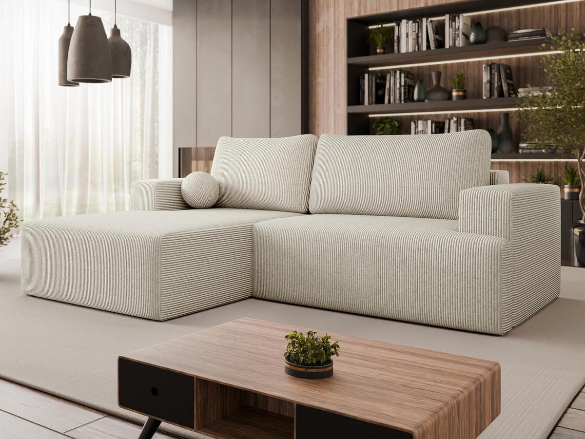 ECKSOFA Mivo Cord, Seite: Links - Beige/Schwarz, Holz/Kunststoff (266/163cm) - MIRJAN24