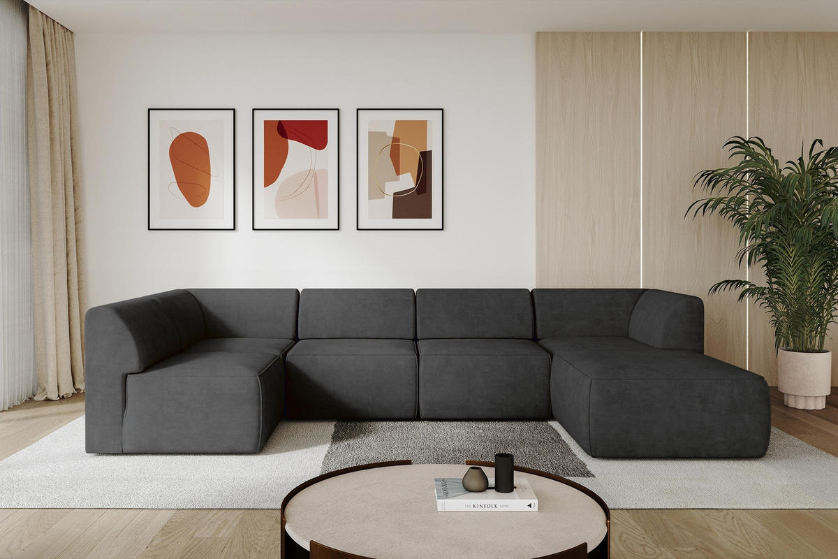 WOHNLANDSCHAFT Ottomane Rechts MOVA 345x180x78 Schwarz Samt - Schwarz, Holzwerkstoff/Kunststoff (345/78/180cm) - ALTDECOR