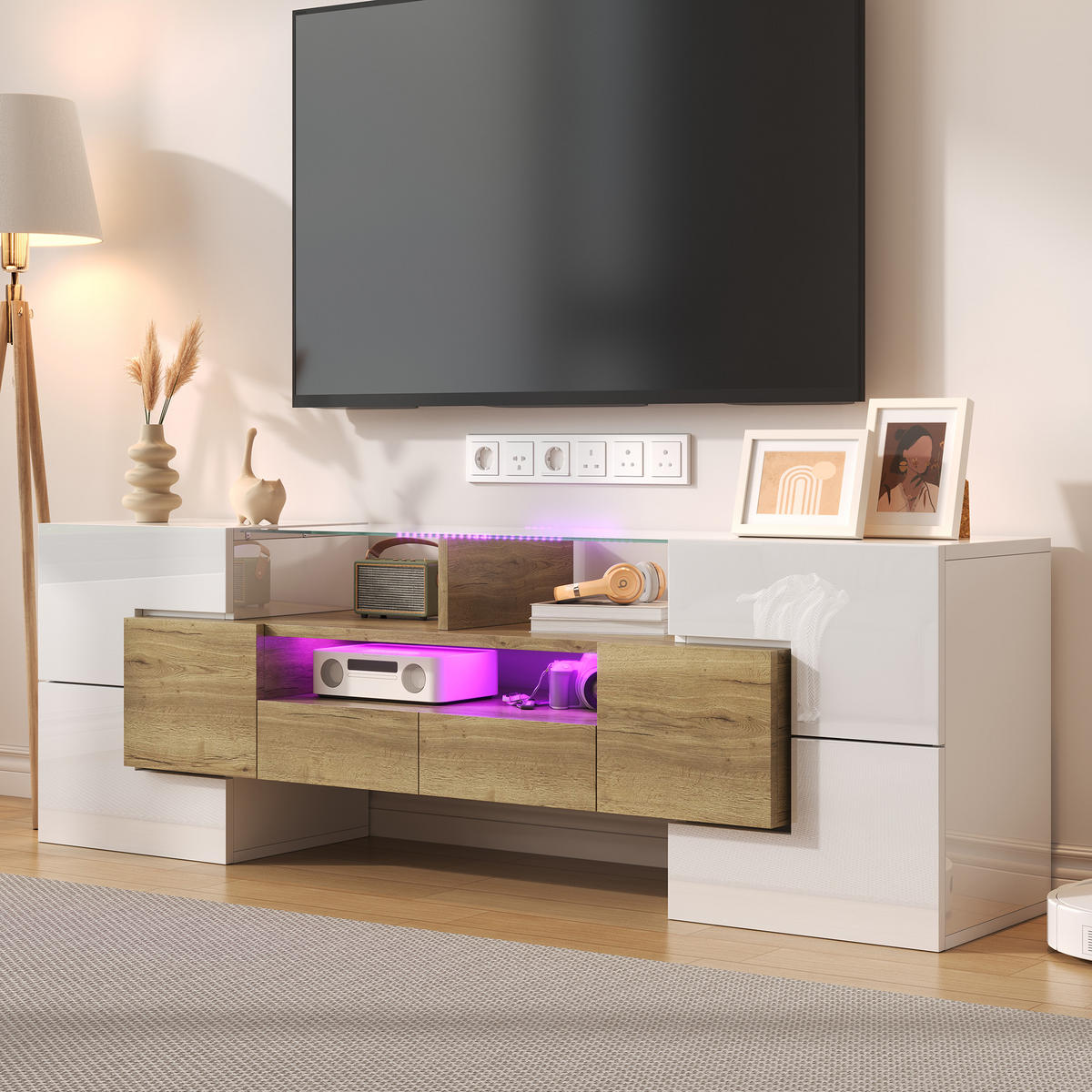 TV-SCHRANK Lowboard Hochglanz Weiß 145cm LED-Beleuchtung Gold Akzenten - Weiß, Holz (38/35/53.59cm) - FLIEKS