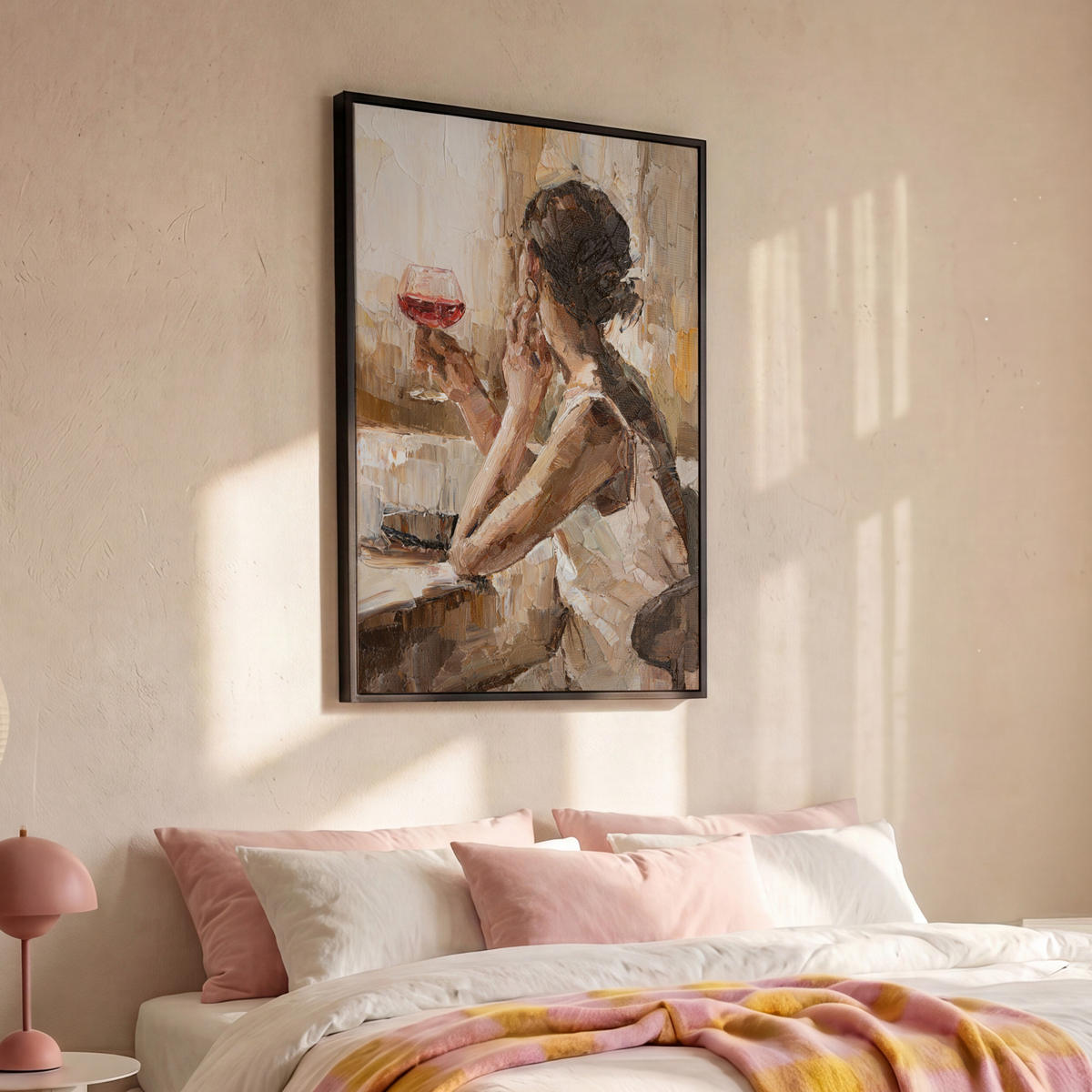 LEINWAND Bilder mit Rahmen - Ölgemälde - Frau - Wein - 100x150 - Hellbraun, Textil (100/150cm) - MuchoWow