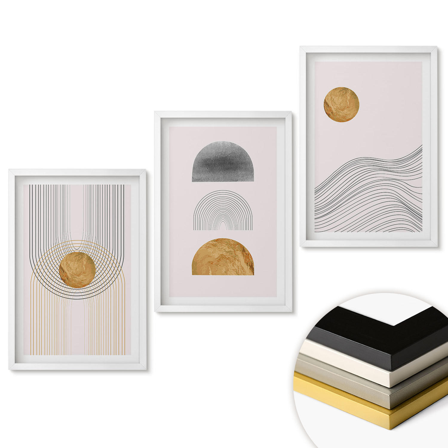 WANDBILDER 3er-Set - 40x60 cm Weißer Rahmen - Abstrakte Formen in Beige und Grau - Weiß, Kunststoff (40/60cm) - ArtPrintCave