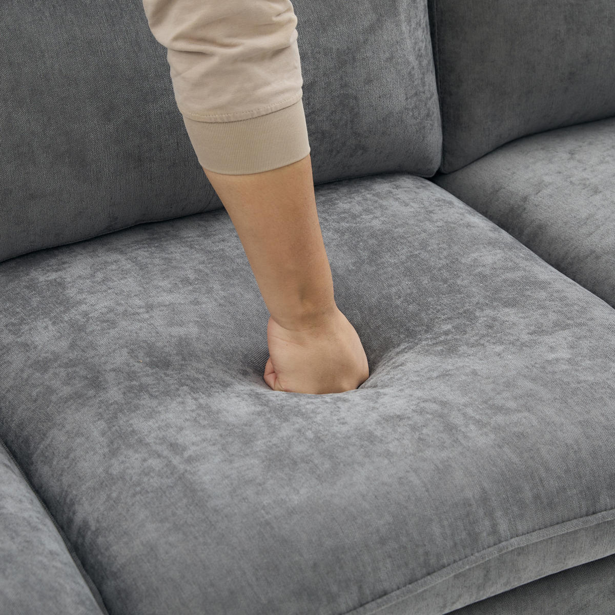 SOFA mit Stauraumhocker L-Form 201 x 77 x 86 cm Chenille Hellgrau - Hellgrau, Holz (77/201cm) - Meubliv