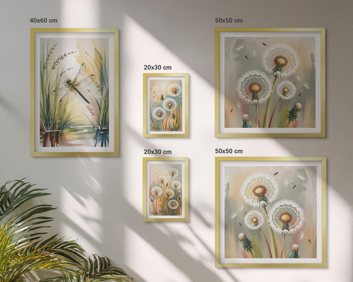 WANDBILDER 5er Set - 50x50 cm & 20x30 cm & 40x60 cm Goldrahmen - Pastellfarbene Löwenzahnblüten - Goldfarben, Kunststoff (40/60cm) - ArtPrintCave
