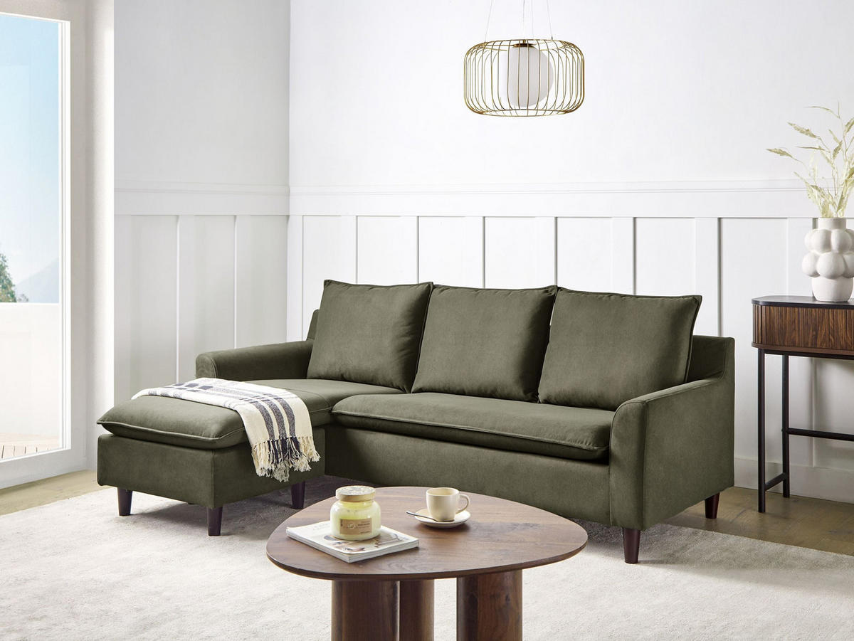 ROHOVÁ POHOVKA 3-místná Sametová látka Tmavě zelená pravostranná Elvenes - zelená barva/hnědá, textil (206/140cm) - Beliani
