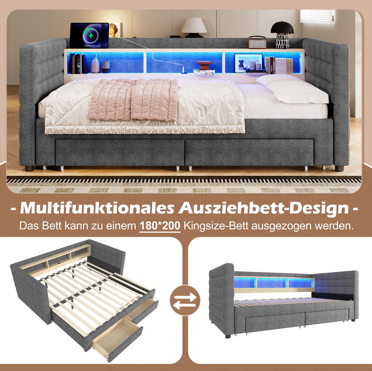 ČALÚNENÁ posteľ zo zamatu 90x190 cm sivá s výsuvným lôžkom, LED osvetlením, USB a úložným priestorom - sivá, textil (90/190cm) - Modfu