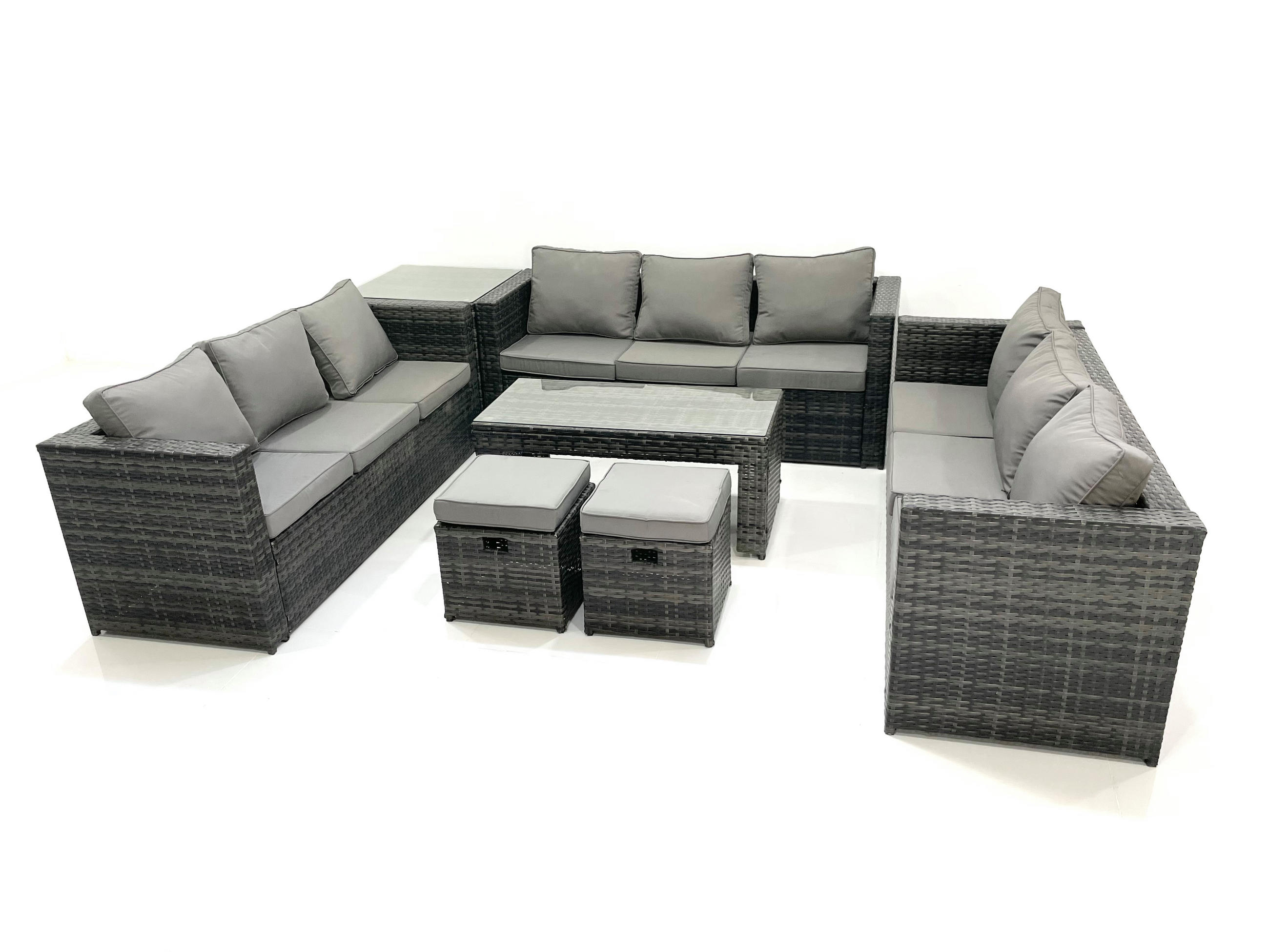 GARTENMÖBEL COUCHTISCH SET mit Sofa Polyrattan Outdoor 11-Sitzer - Dunkelgrau/Grau, Glas/Kunststoff - Fimous