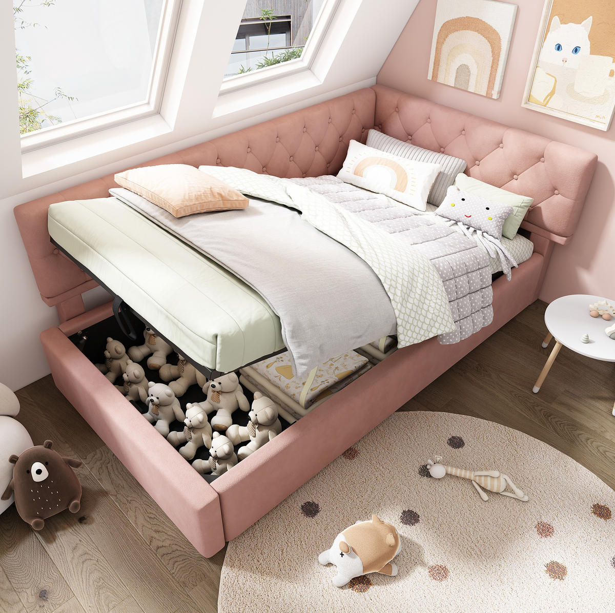 KINDERBETT Polsterbett 90/190 cm aus Samt mit hydraulischem Stauraum Rosa - Rosa, Textil (90/190cm) - Modenvie