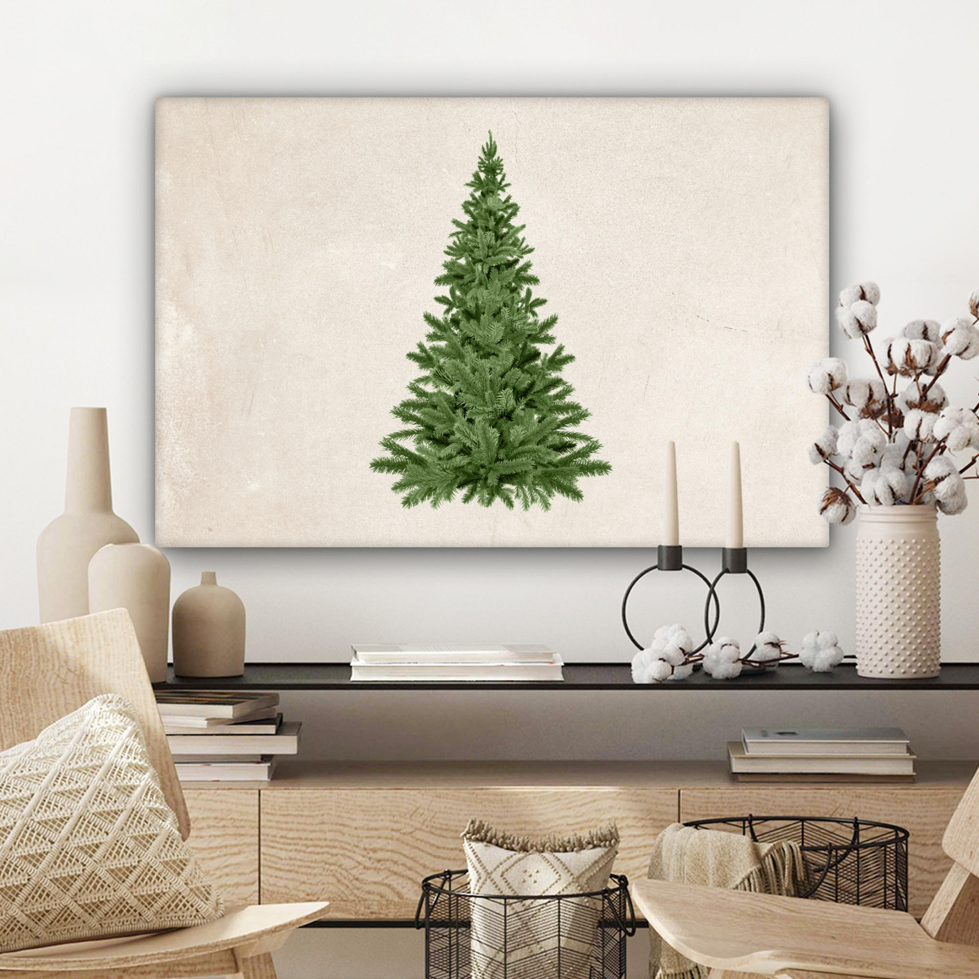 LEINWANDBILD Weihnachtsbaum - Grün - Weihnachten - Feiertage Gemälde 60x40 cm - Olivgrün, Textil (60/40cm) - MuchoWow