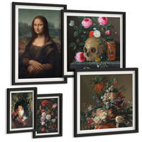 BILDER SET 5er Set - 50x50 cm & 20x30 cm & 40x60 cm Schwarzer Rahmen - Vintage Blumen Totenkopf Mona Lisa - Schwarz, Kunststoff (40/60cm) - TULUP