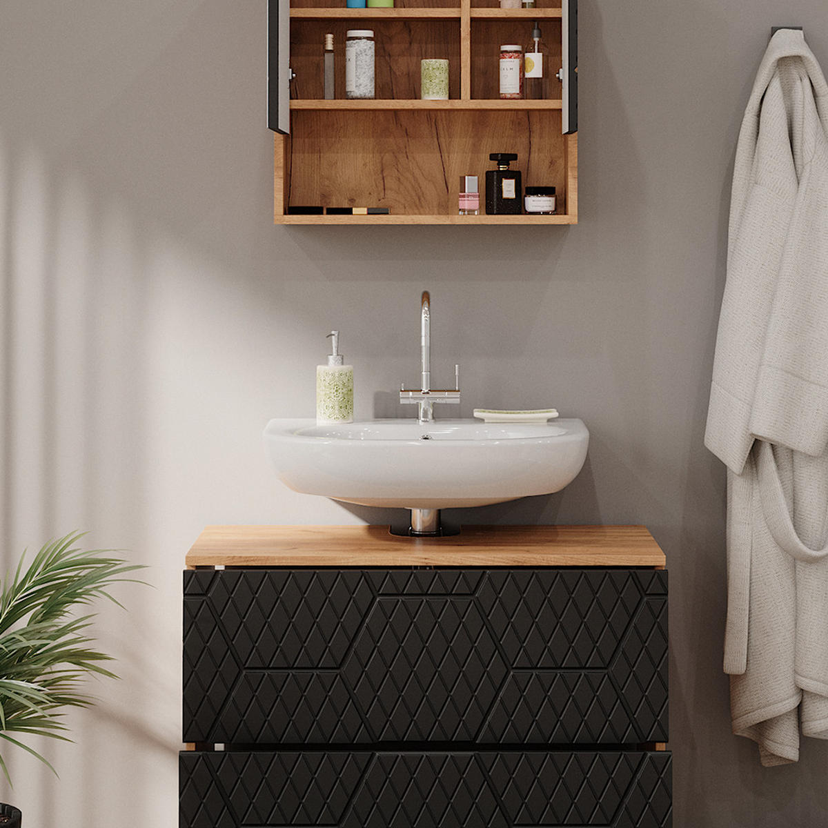 BADMÖBEL-SET Irma Anthrazit gestreift 2 Teile - Honigeiche/Anthrazit, Holzwerkstoff (80/58.6/41cm) - Vicco