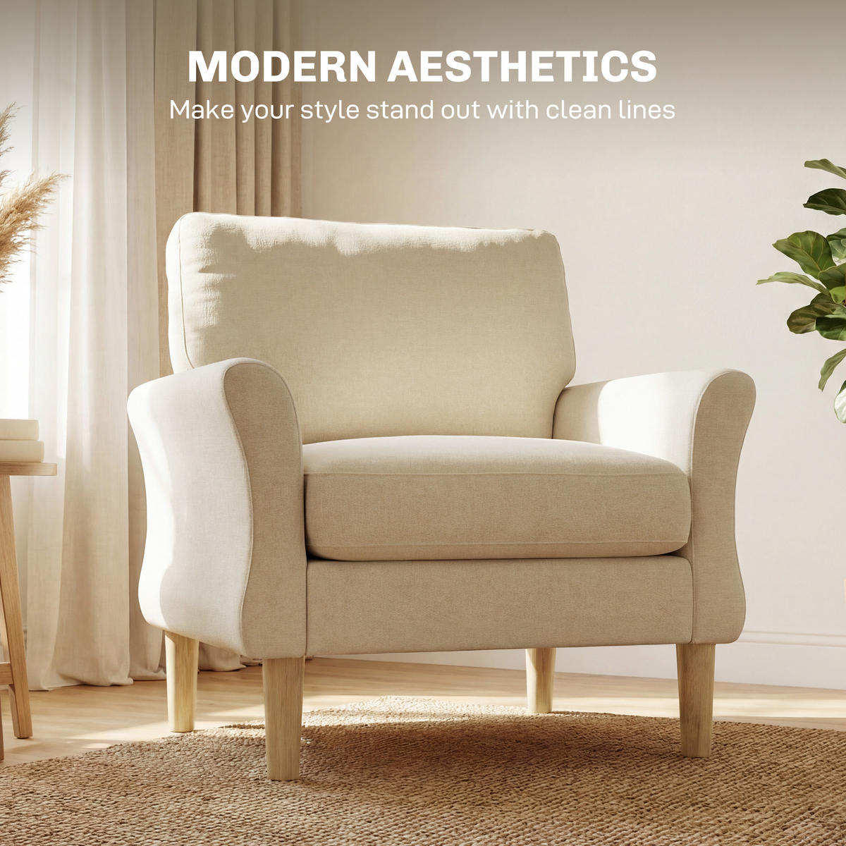 FÅTÖLJ i polyester och gummiträ, krämvit - Cremefärgad/Naturfärgad, Trä/Textil (80/88/103cm) - HOMCOM