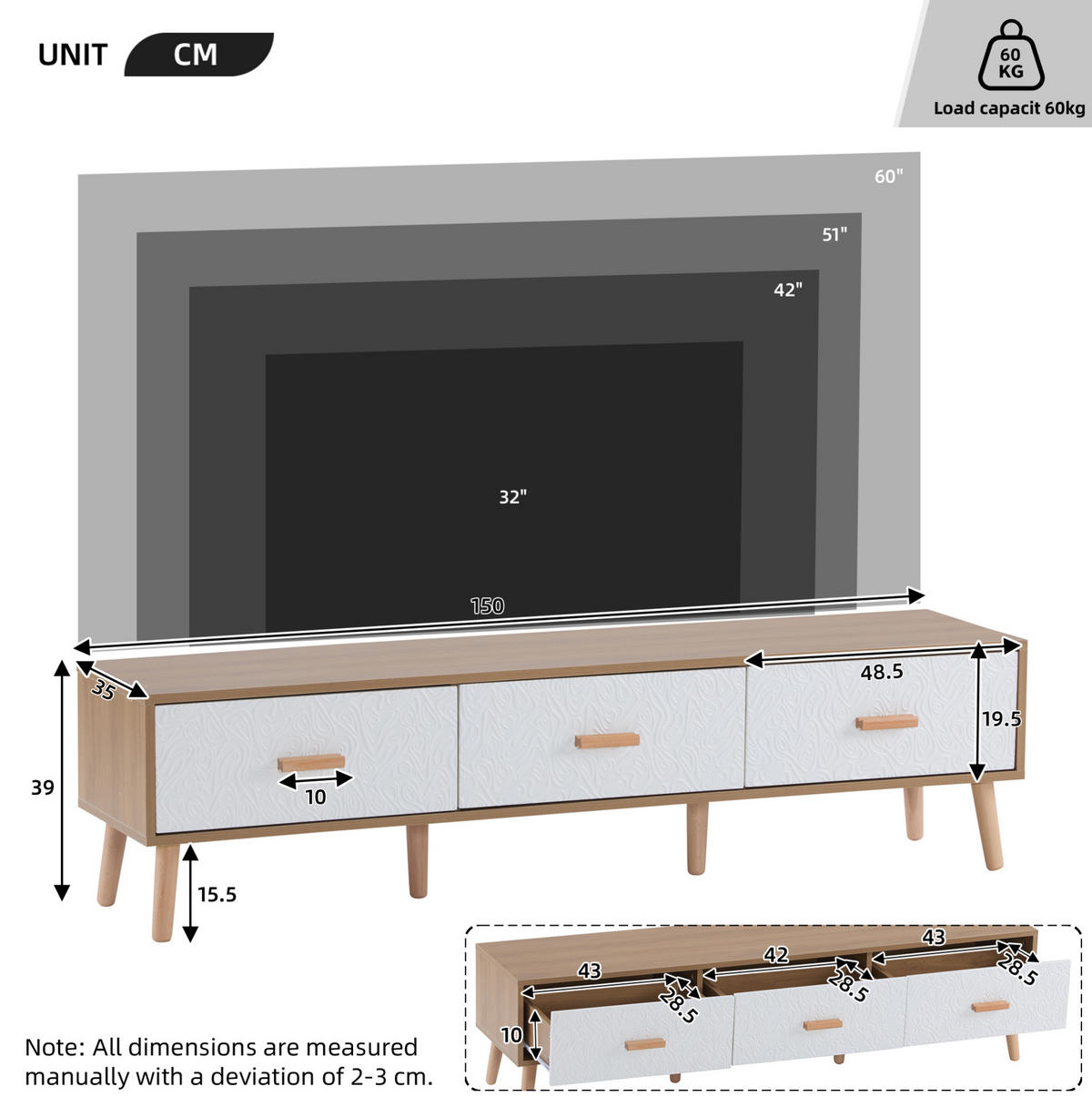 TV-SCHRANK mit 3 Schubladen 150 x 39 x 35 cm Weiß/Holz - Weiß, Holzwerkstoff (35/39/150cm) - Beauniv