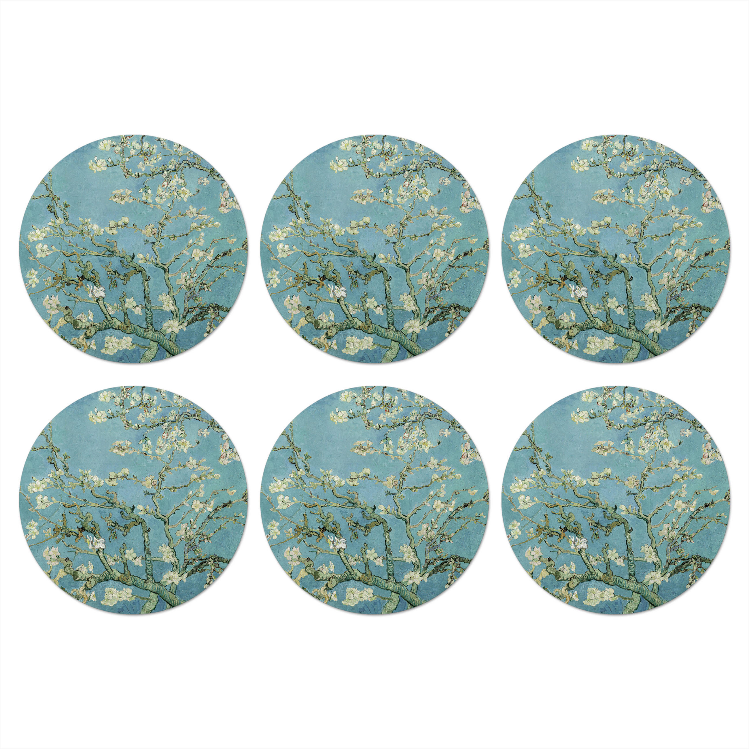 GLASUNTERSETZER 6er-Set Rund Van Gogh - Mandelblüte - Alte Meister - Kunst - Vintage 10x10 cm - Hellblau, Naturmaterialien (10/10cm) - MuchoWow