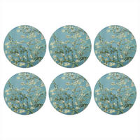 GLASUNTERSETZER 6er-Set Rund Van Gogh - Mandelblüte - Alte Meister - Kunst - Vintage 10x10 cm - Hellblau, Naturmaterialien (10/10cm) - MuchoWow