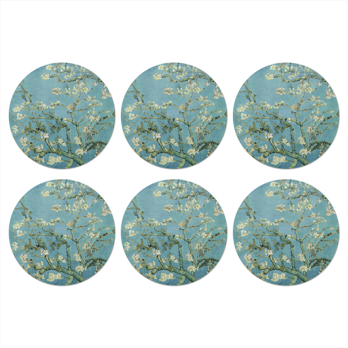 GLASUNTERSETZER 6er-Set Rund Van Gogh - Mandelblüte - Alte Meister - Kunst - Vintage 10x10 cm - Hellblau, Naturmaterialien (10/10cm) - MuchoWow