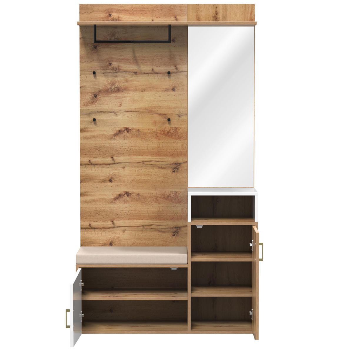 SCHUHSCHRANK aus MDF & Spanplatte 105x40x190,5cm in Weiß & Holz mit Spiegel - Weiß, Holzwerkstoff (105/190.5/40cm) - Modfu