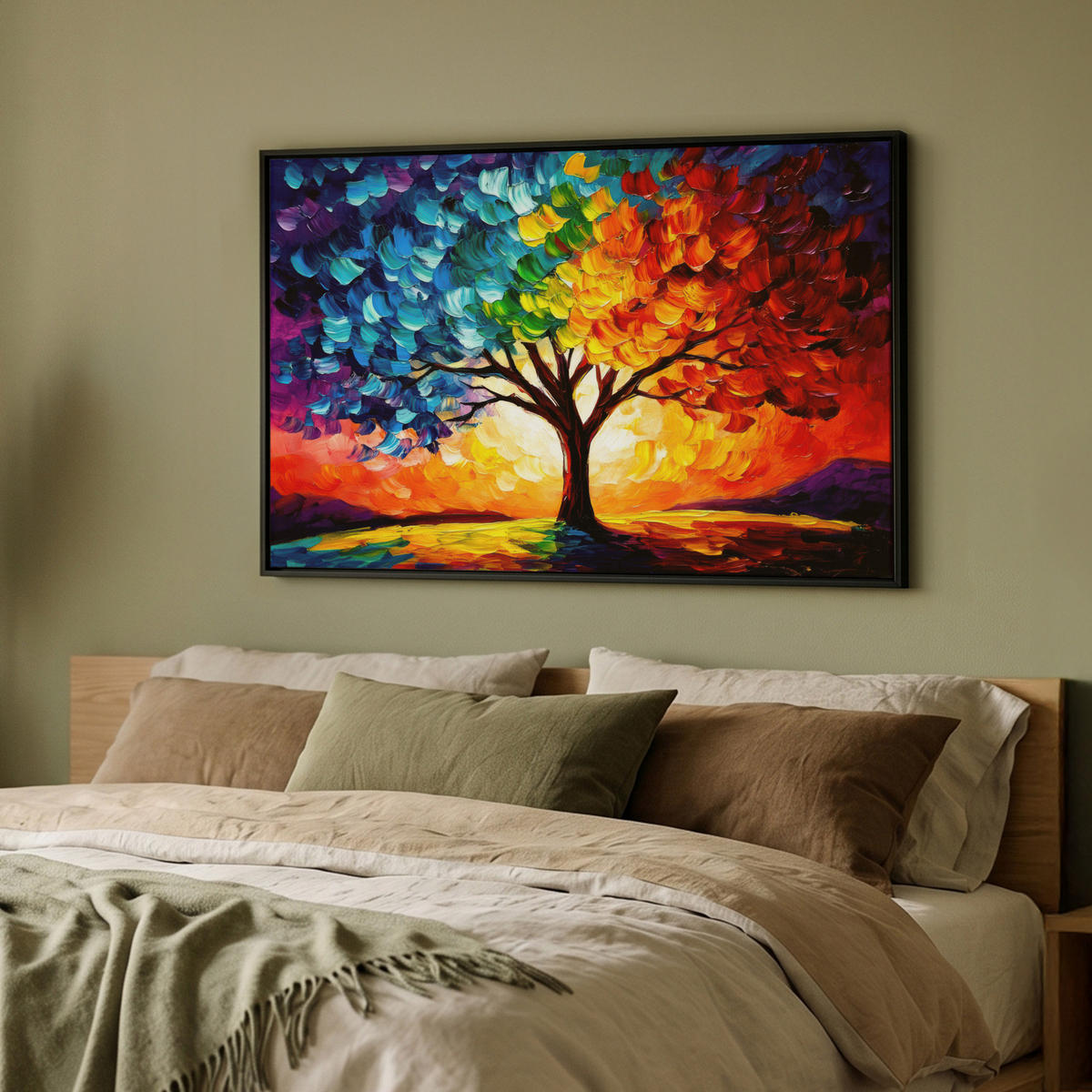 LEINWAND Bilder mit Rahmen - Baum - Kunst - Natur - Sonnenuntergang - 90x60 - Multicolor, Textil (90/60cm) - MuchoWow