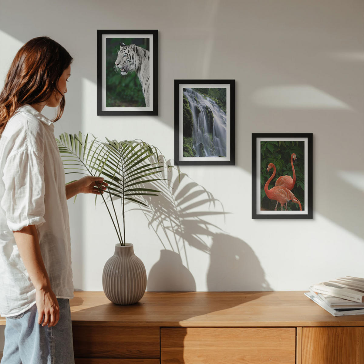 WANDBILDER 3er-Set - 20x30 cm Schwarzer Rahmen - Tiger Wasserfall Flamingos Natur - Schwarz, Kunststoff (20/30cm) - ArtPrintCave