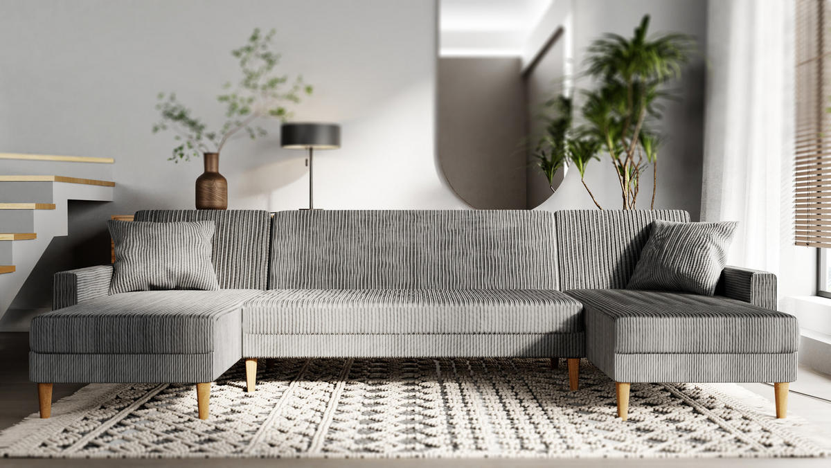 ECKSOFA mit Schlaffunktion U-Form, Hellgrau - Grau, Holzwerkstoff/Textil (330/134cm) - Idohome