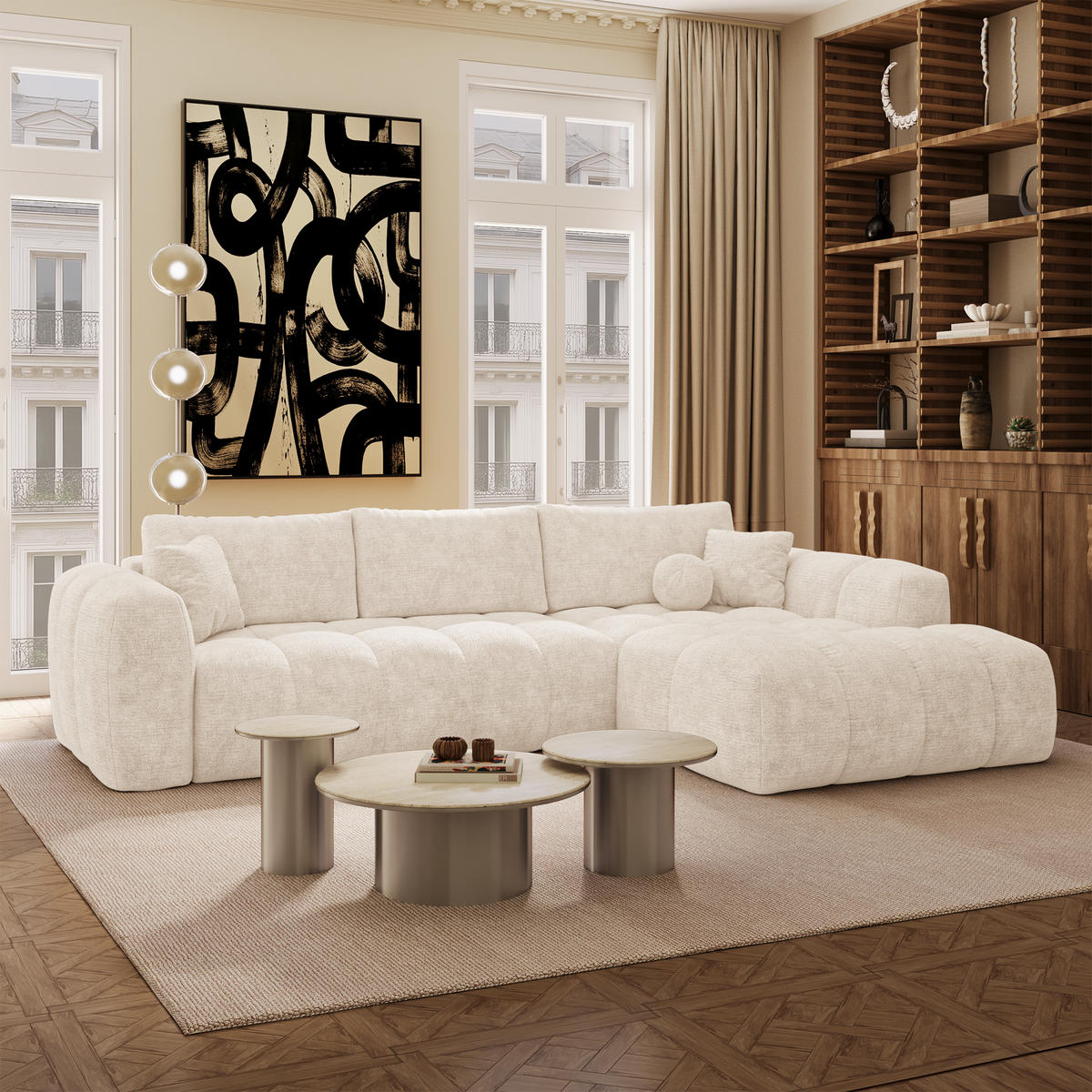 ECKSOFA rechtwinklig SKY Geprägter Samt Creme 310cm - Creme, Textil (310/180cm) - Premium Interiors