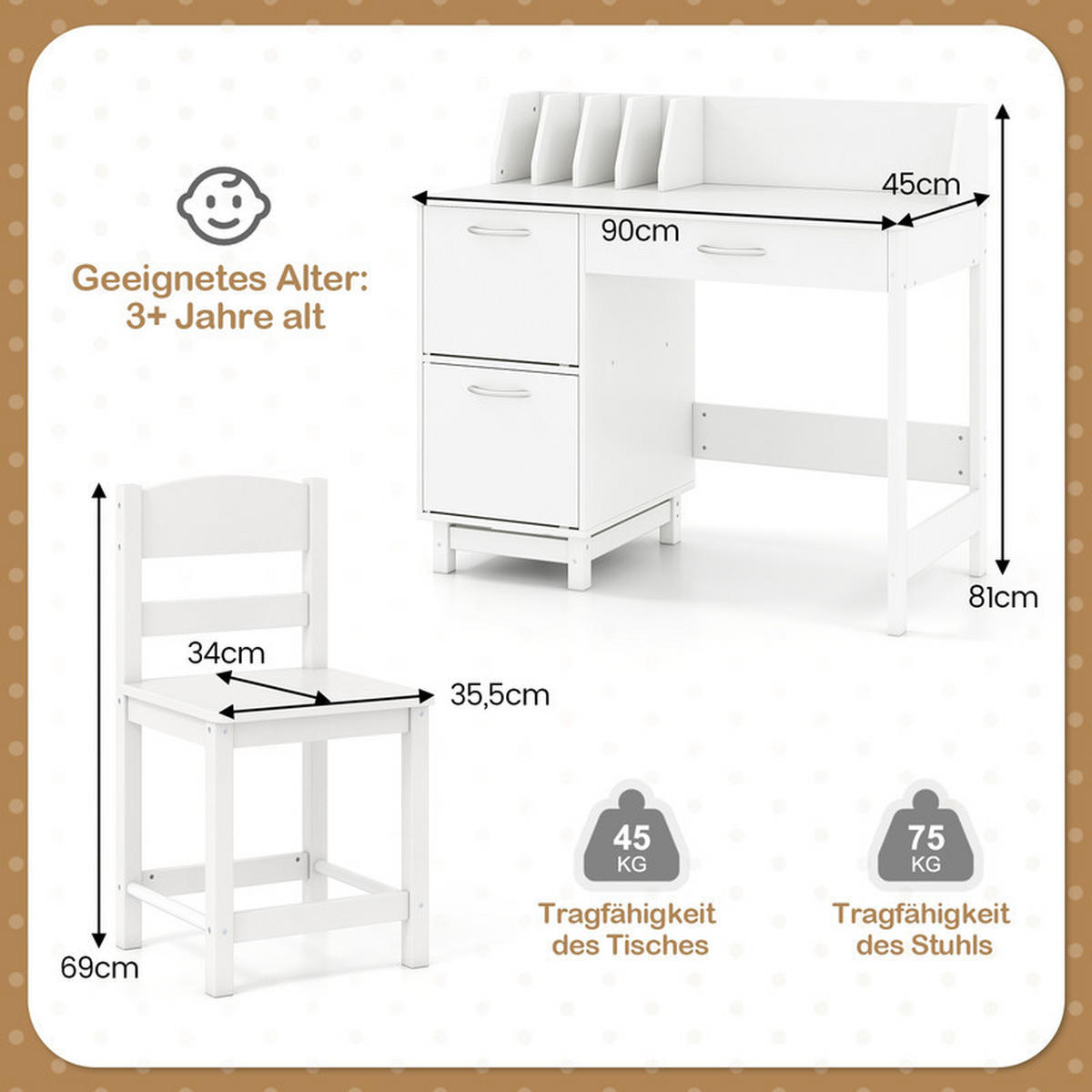 KINDERSCHREIBTISCH-SET mit Stauraum weiß(2-tlg) - Weiß, Holzwerkstoff (90/81/45cm) - COSTWAY