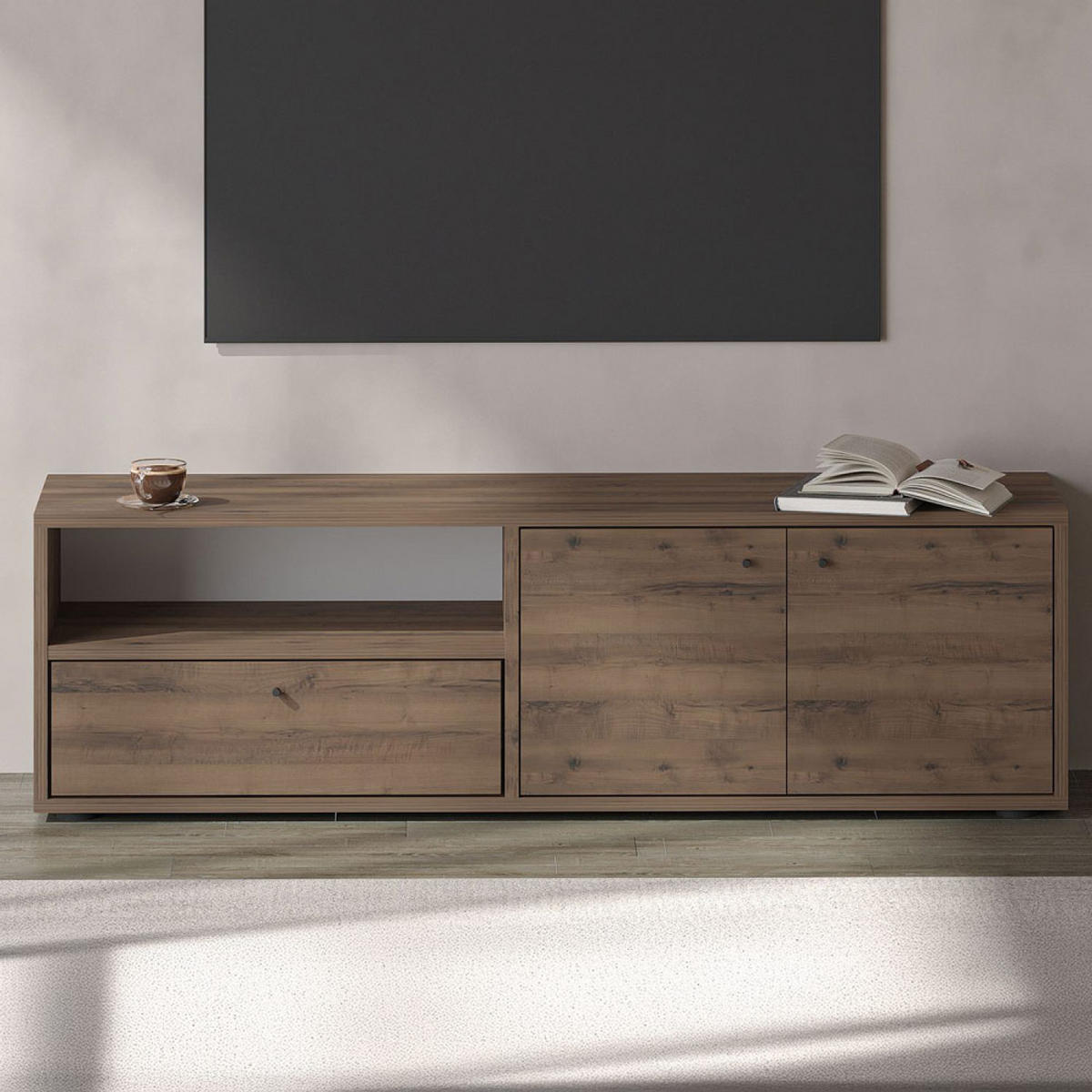 TV-MÖBEL Oaki in Holzoptik 136 cm im zeitgenössischen Stil mit Schrank - Braun, Holzwerkstoff (136/42/35cm) - Concept Usine