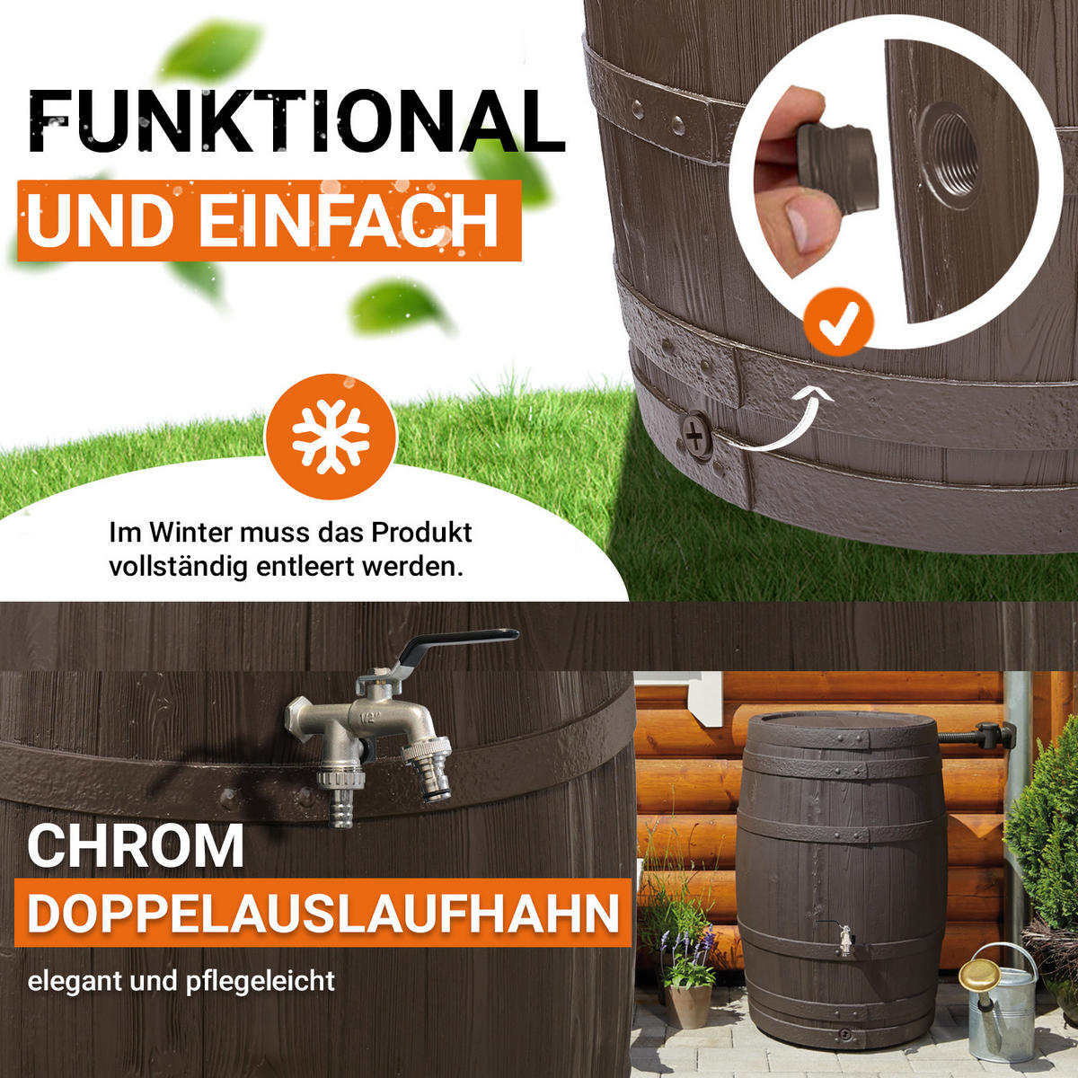 REGENTONNE Komplett-Set 260 L, braun inkl. Chrom-Doppelauslaufhahn und Fallrohranschluss - Braun, Kunststoff (65/93/66cm) - GARANTIA