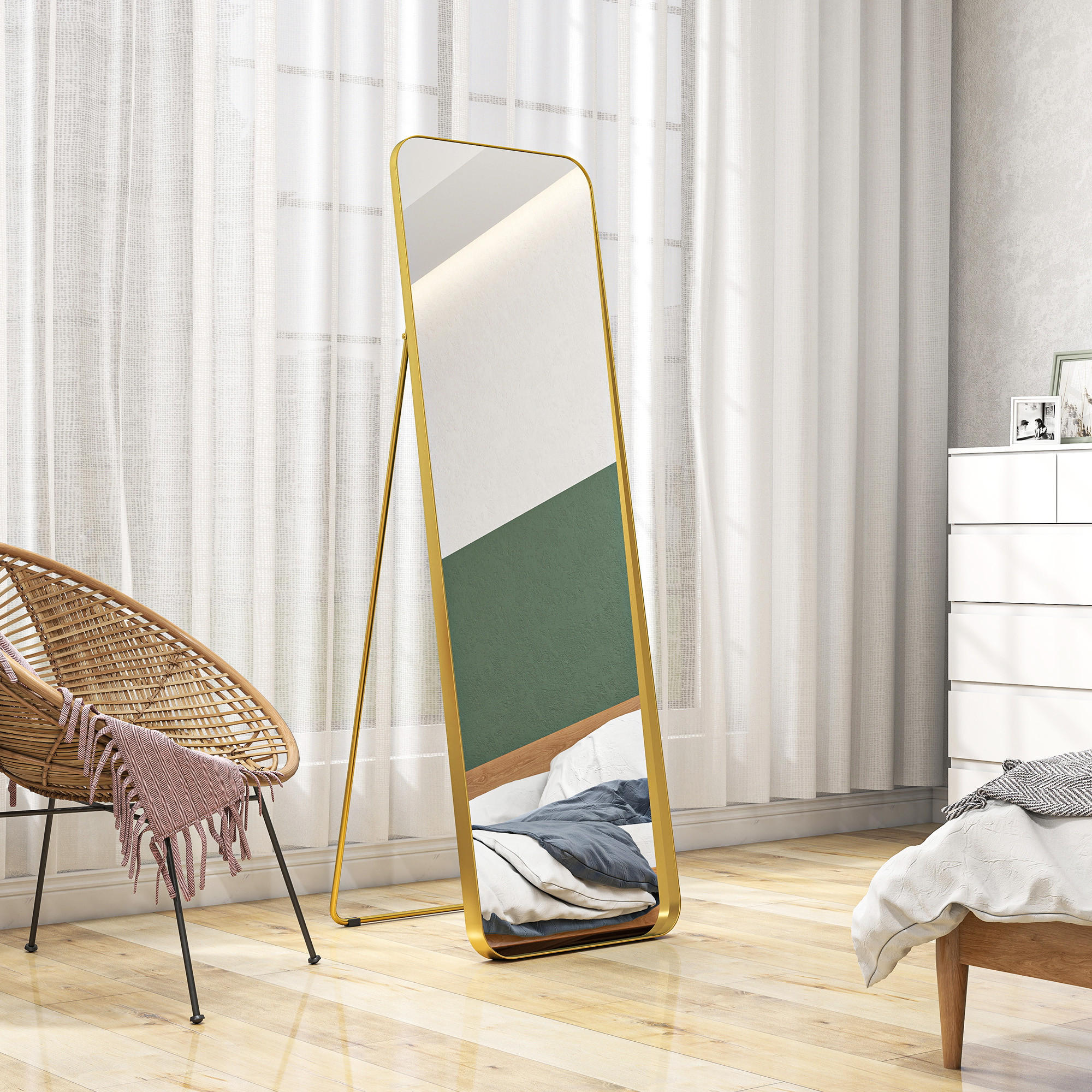 HOMCOM Ganzkörperspiegel 160x60 Cm – Gewölbt, Mit Wellenrahmen & Samtbezug, Bruchsicher, Freistehend Oder Wandmontierbar