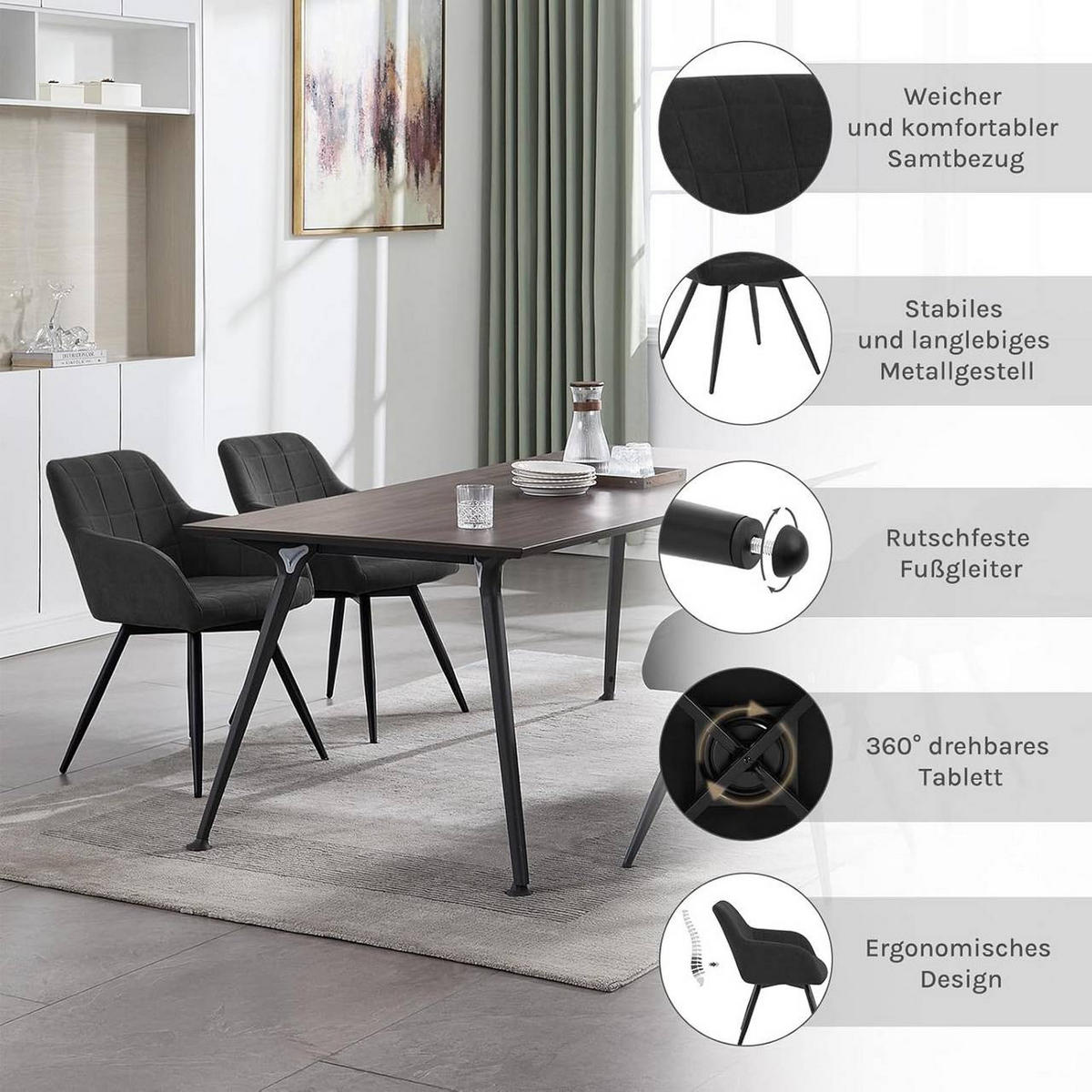 ESSZIMMERSTUHL drehbar, Samt, Schwarz - Schwarz, Textil/Metall (57/78/63cm) - Woltu