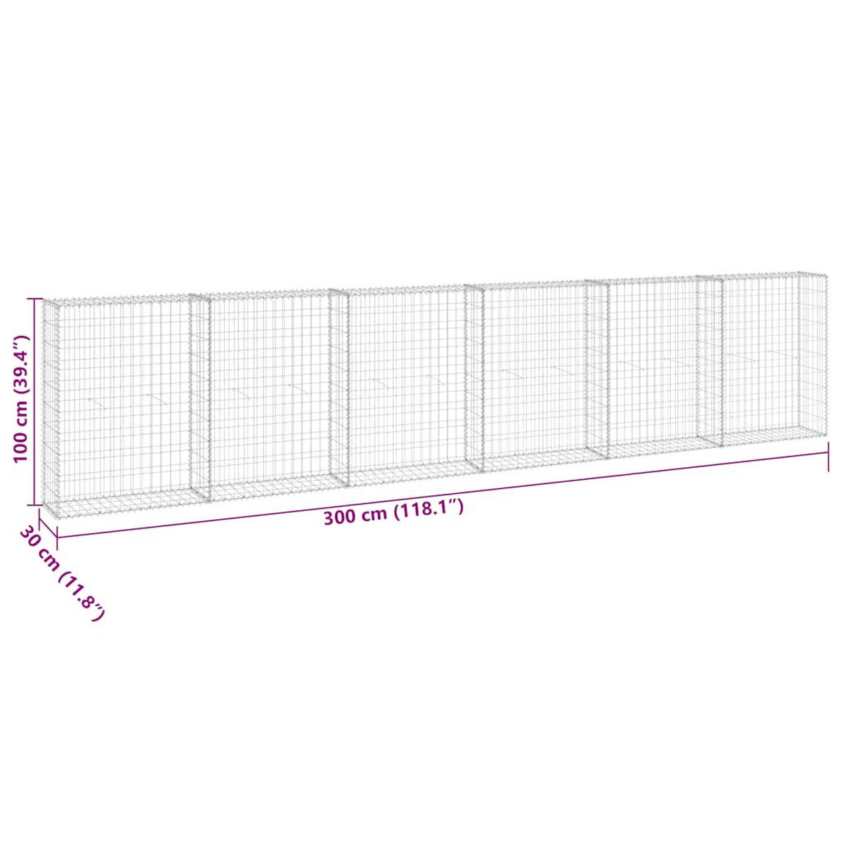 GARTENZAUN, Gabionenkorb mit Abdeckung, 300/30/100 cm, aus Verzinkter Stahl - Silberfarben, Metall (30/100cm) - vidaXL