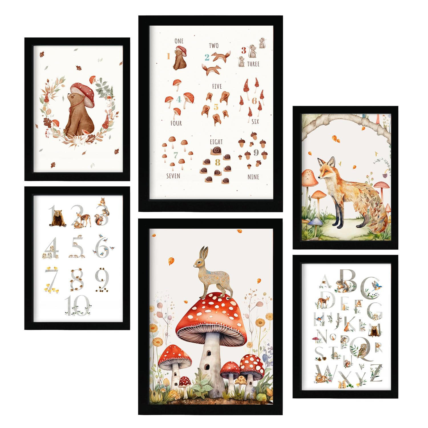 POSTER Set Mit 6 Zahlen & Buchstaben A3 & A4 Schwarzer Rahmen - Schwarz, Papier (29/3cm) - Nacnic