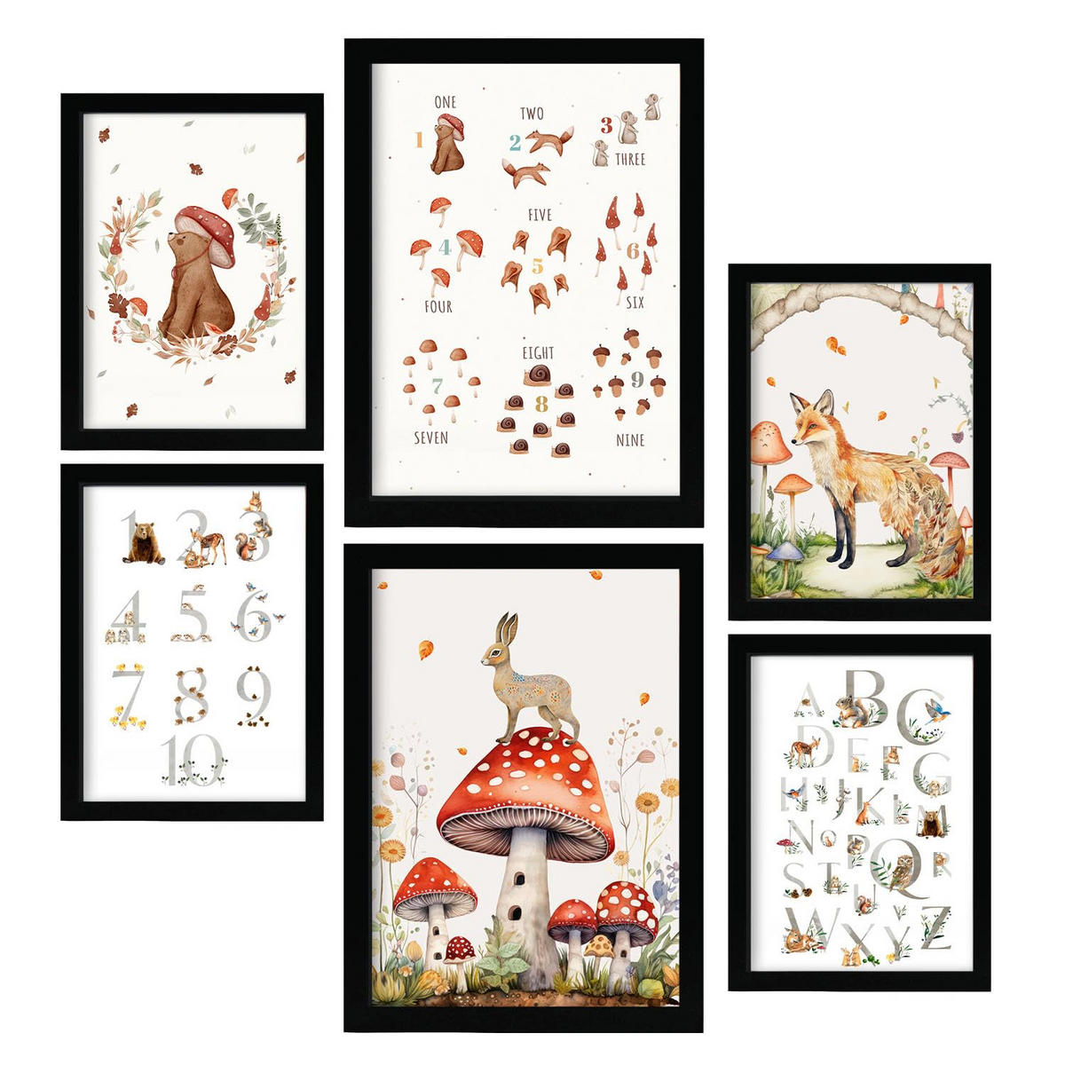 POSTER Set Mit 6 Zahlen & Buchstaben A3 & A4 Schwarzer Rahmen - Schwarz, Papier (29/3cm) - Nacnic