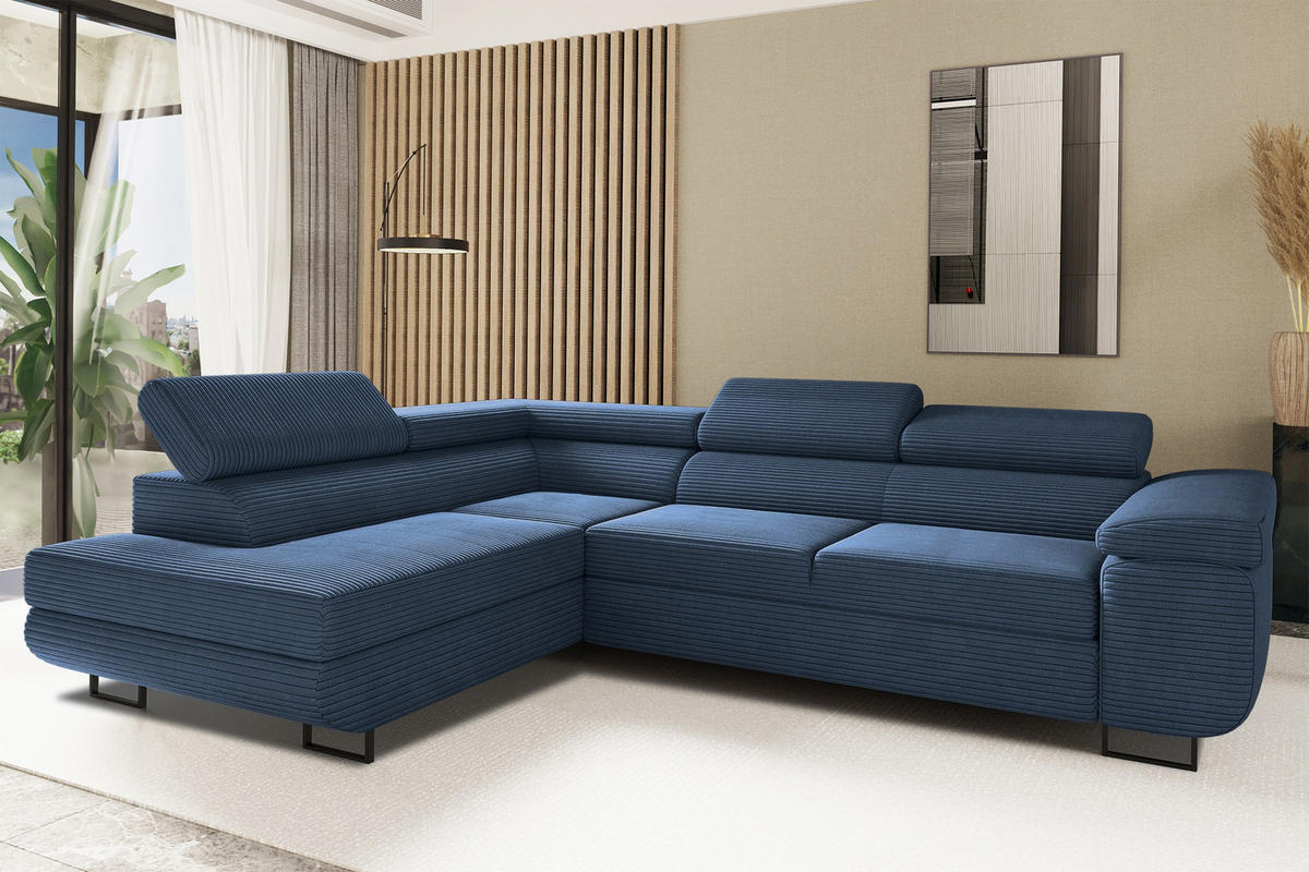 ECKSOFA ATOMIC Mit Schlaffunktion, Stoff Poso, Dunkelblau, Links - Dunkelblau, Holz (203/277cm) - Kaiser Möbel
